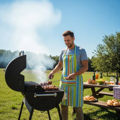 Cheerful Man Grilling Meat Outdoors - BBQ Relaxation Scenes