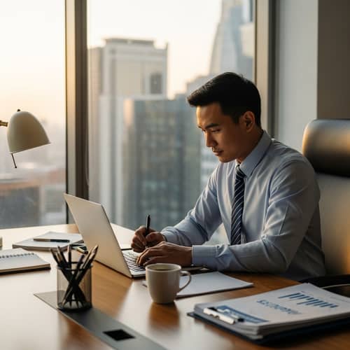 Professional Asian Male Composing Email in Modern Office Setting