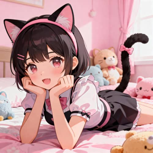 Cute Catgirl Portrait with Plushies in Anime Bedroom Cute Catgirl Portrait with Plushies in Anime Bedroom