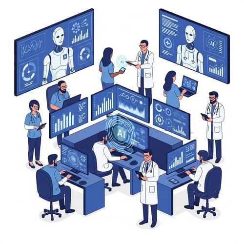 Futuristic Healthcare Tech: Diverse Knowledge Workers & AI Robots