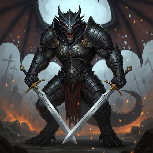 Dragonborn Black Skin Paladin with Twin Swords