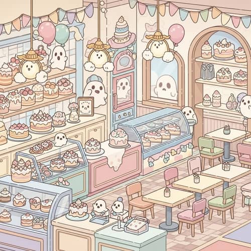 Whimsical 2D Cafe in Bright Pastel Colors | Ghost-Themed Birthday Venue