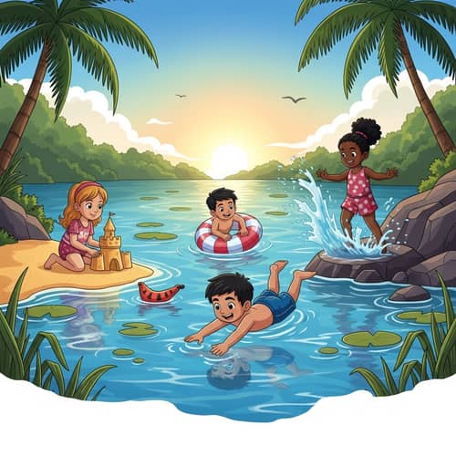 Cartoon Scene of Children Playing in Lagoon