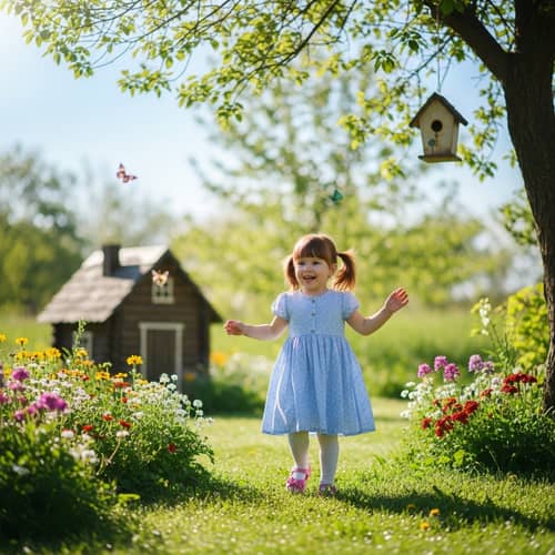 Small Caucasian Girl Playing in Charming Garden