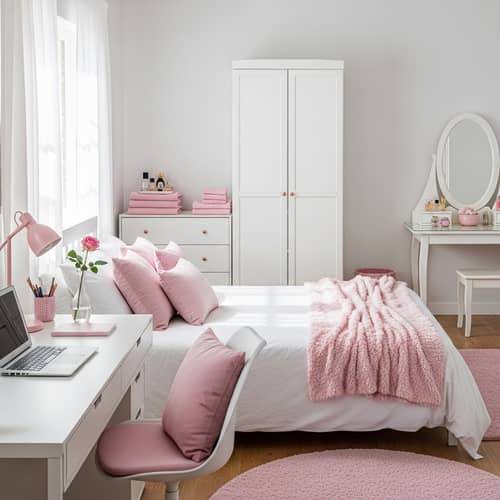 Charming White Bedroom with Pink Accents
