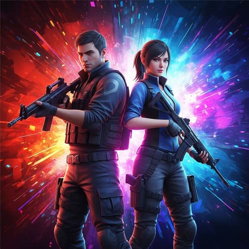 Intense 4K First-Person Shooter Inspired Image with Male and Female Characters in Abstract Background