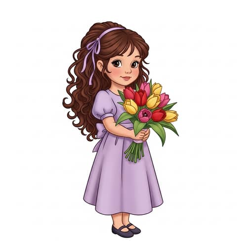 Animated Eastern European Girl in Lavender Dress with Tulips