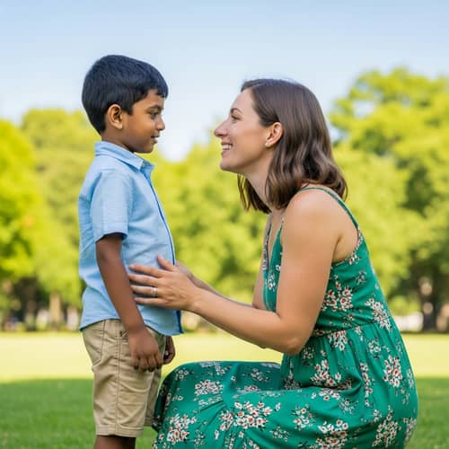 Heartfelt Conversation Between Young Boy and his Mother in Park