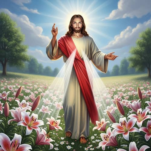 Divine Figure Among Lily Flowers - Tranquil Resurrection Moment