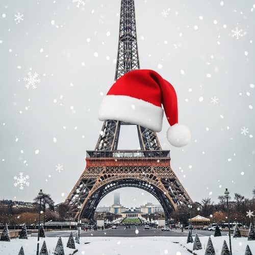 Eiffel Tower with Festive Christmas Hat - Winter Holiday Scene