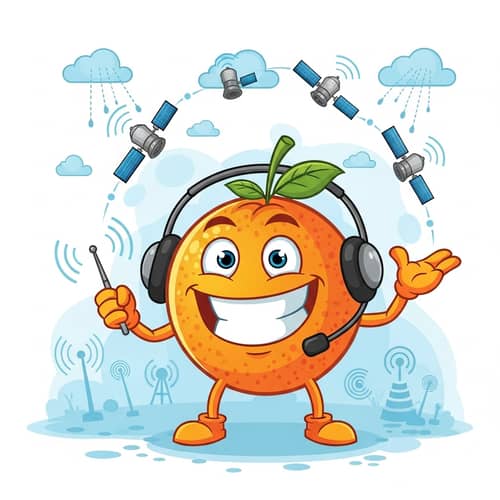 Telecommunications Cartoon: Jolly Orange with Miniature Antenna