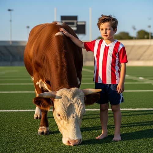 Boy with Blue Eyes on Football Field with Bull