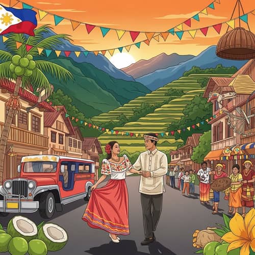 Philippines Culture Illustration with Maria Clara Dress & Barong Tagalog