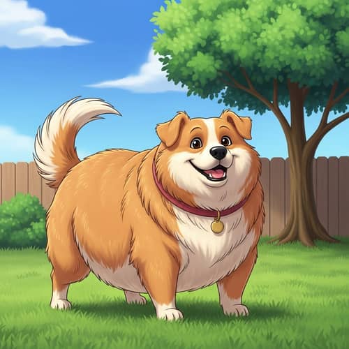 Cheerful Fat Dog in Golden Fur: Heartwarming Scene in Grassy Yard