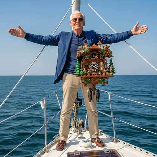 Elderly Man Embracing the Sea on a Sailboat with Cuckoo Clock
