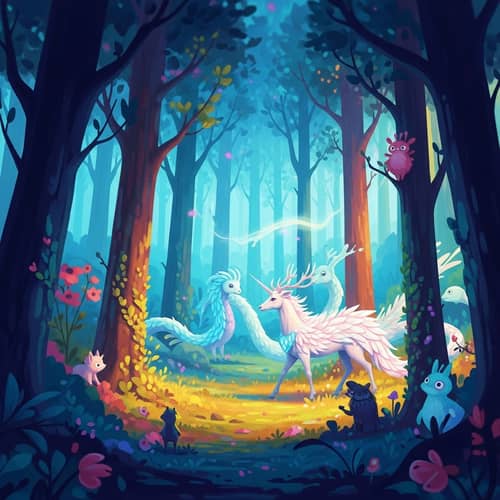 Mystical Forest with Graceful Creatures in Vibrant Colors