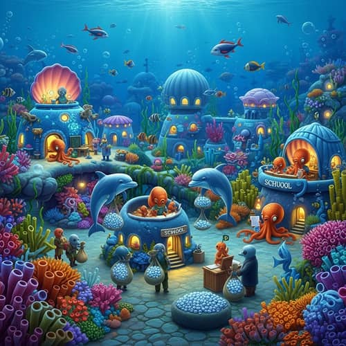 Underwater Society with Colorful Coral Buildings and Marine Flora
