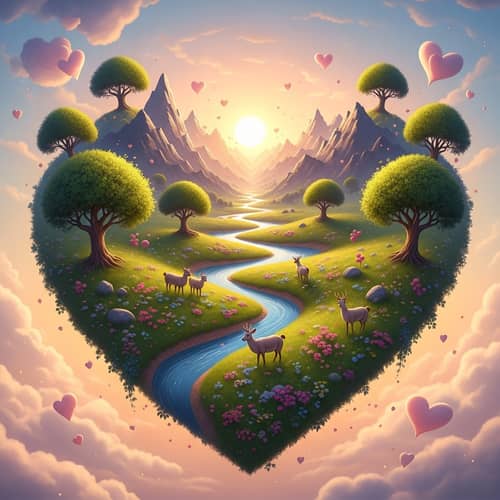 Dreamy Heart-Shaped World: Serene Landscape of Love
