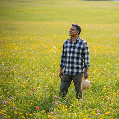 Serene South Asian Man Enjoying Nature in Flower-Filled Field