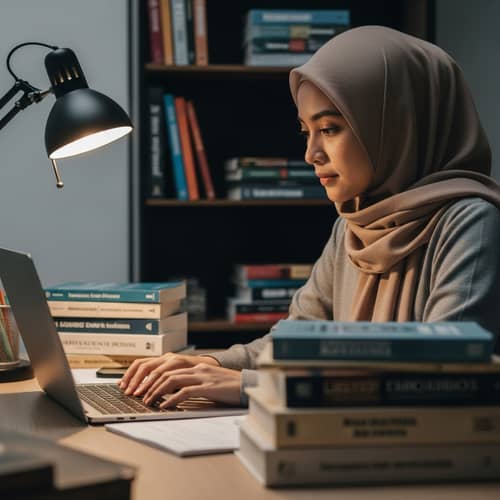 Indonesian Hijab-Wearing Mother: University Professor Typing at Desk
