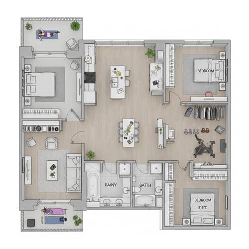 Athletic Female Celebrity 5'6" Apartment Floor Plan in Light Colors