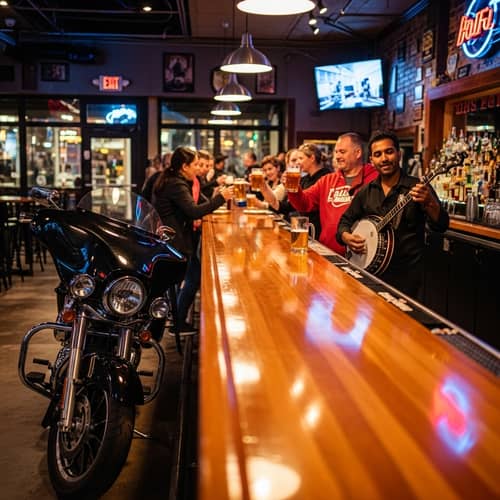 Lively Local Bar: Folk Music, Beer, and Motorcycle Charm