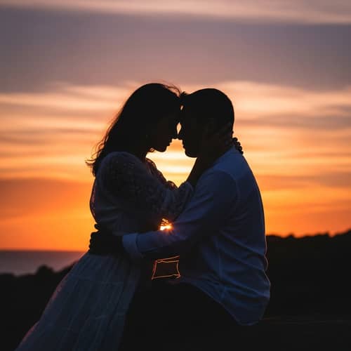 Warm Silhouette Embrace at Sunset | Tranquil Scene of Love