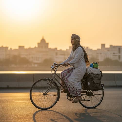 Omani Woman Riding to Work on Bike | Cityscape Silhouette