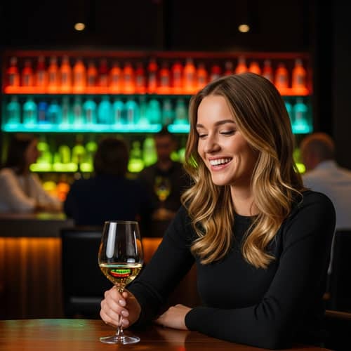 Golden Blonde Woman Laughing at Bar | Casual & Lively Atmosphere
