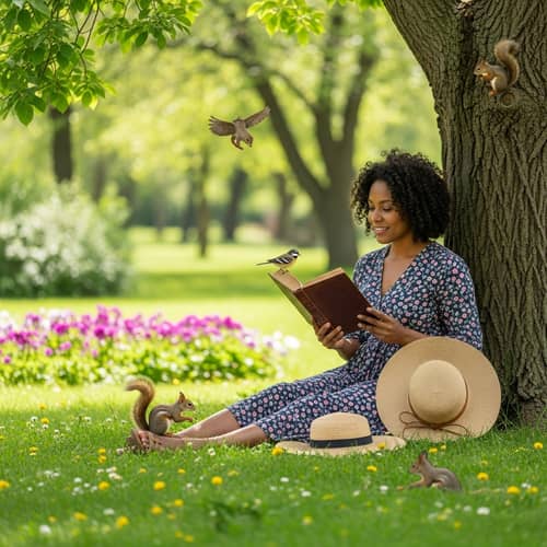 Tranquil Park Scene with Mid-Aged Black Woman Reading Outdoors