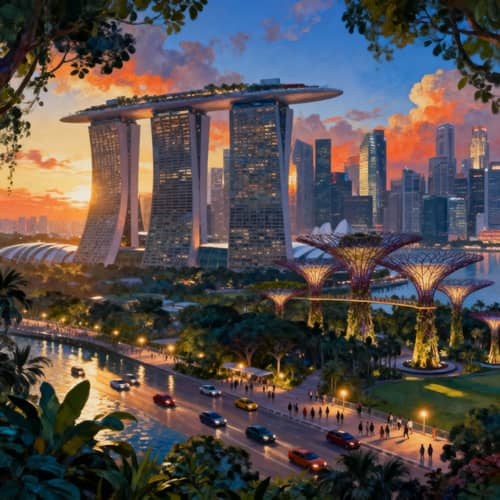 Singapore Skyline at Dusk: Aerial View of Marina Bay