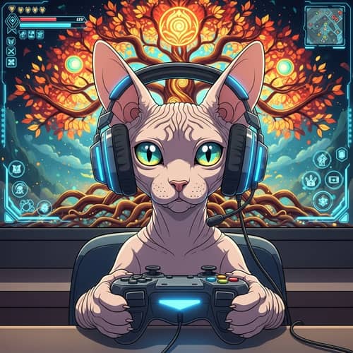Sphinx Hairless Cat in Anime Style Gaming Session