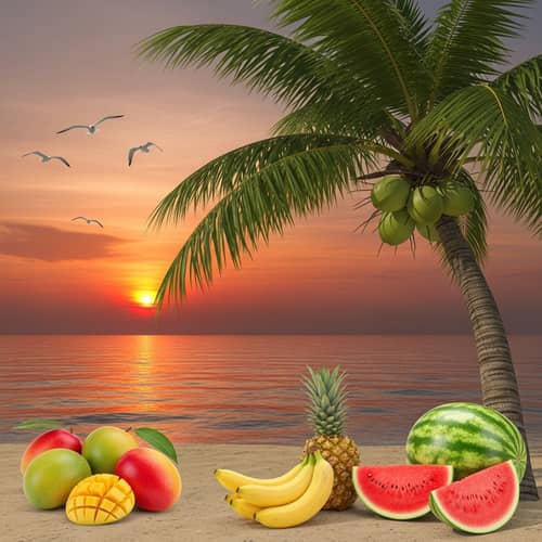Tropical Beach Sunset with Fruits and Coconut Tree