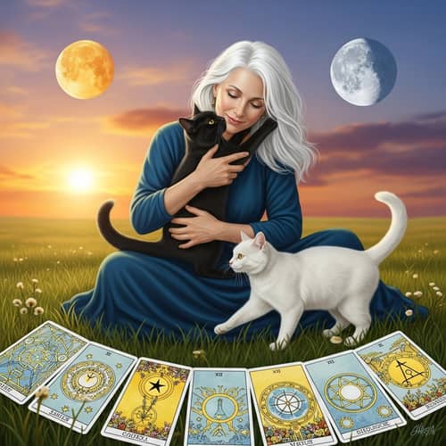 White Witch Embracing Cats: Compassion & Love | Tarot Art