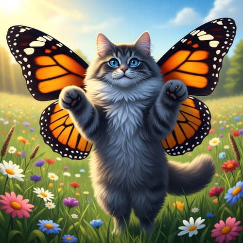 Joyful Feline with Vibrant Butterfly Wings in Sun-Lit Meadow