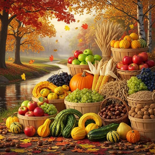 Serene Autumn Harvest Scene | Fruits, Gourds, Grains in Baskets