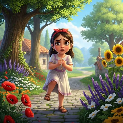 Serene Hamlet Embraced by Blooms: A Young Middle-Eastern Girl's Impatience