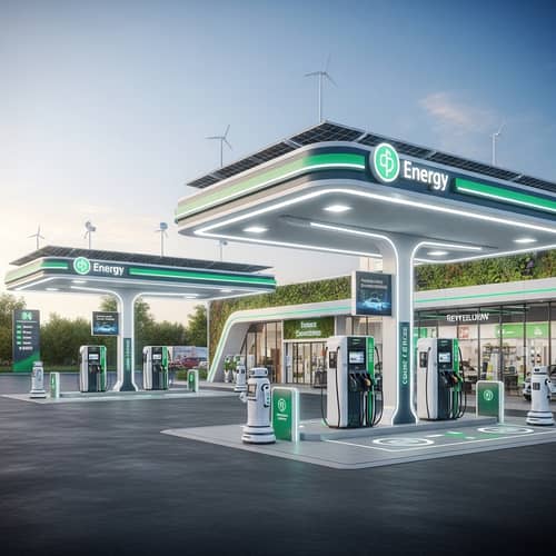Futuristic Petrol Station with Advanced Fuel Pumps & EV Charging