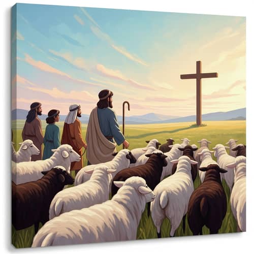 Diverse Shepherd Guiding Sheep to Cross in Serene Landscape
