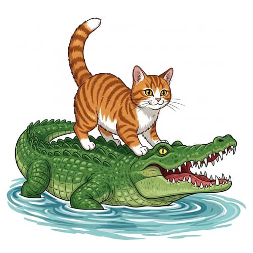 Courageous Tabby Cat Rides Ferocious Crocodile - Jungle Adventure