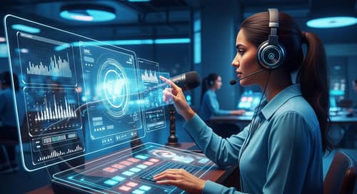 Futuristic South Asian Female Podcaster in Innovative Tech Setup