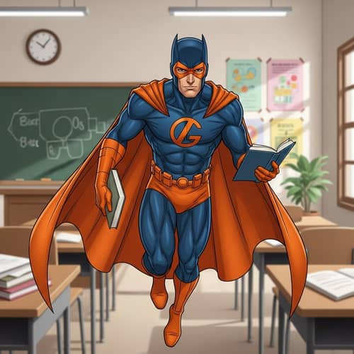 Superhero Professor in Dark Blue & Orange | Academic Character Art