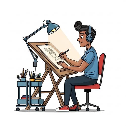South Asian Male Cartoonist at Drawing Table with 50s Style - Art Illustration