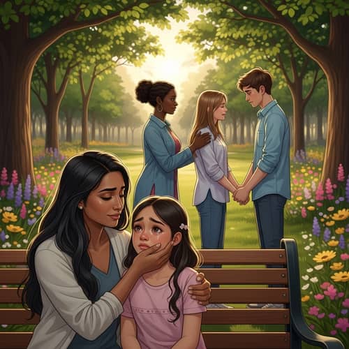 Emotional Scene of Women Comforting Children in Lush Park