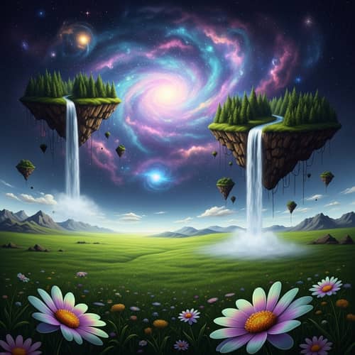 Surreal Landscapes: Emerald Prairie, Nebula Skies & Floating Forests
