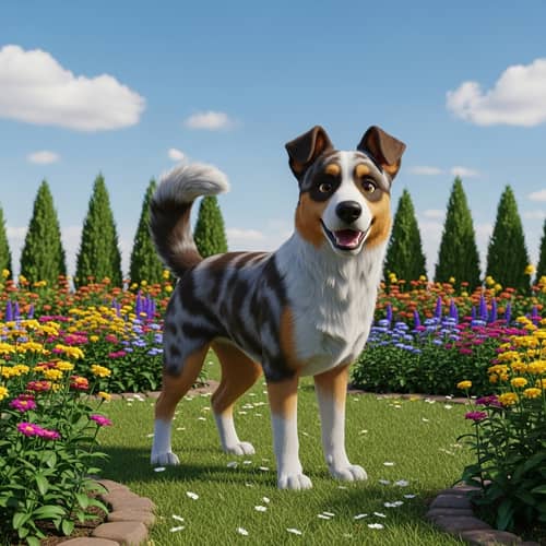 Lively Dog in Garden - Unique Coat Patterns & Vibrant Posture