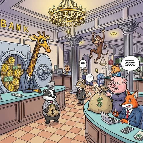 Whimsical Bank Interior Illustration in Manga Art Style