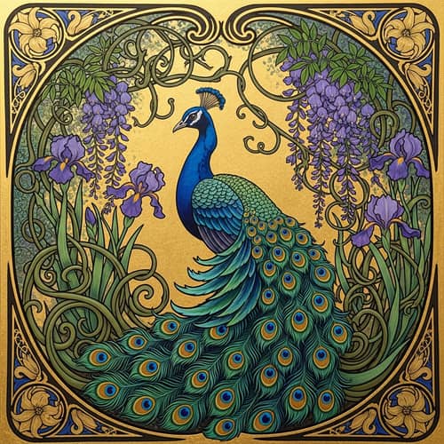 Golden Art Nouveau Style Painting with Oil and Gold Leaf on Canvas