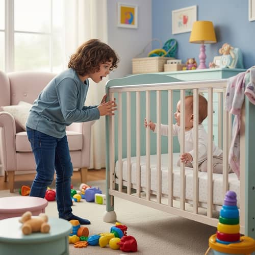 Curious 11-Year-Old Approaching Baby in Nursery Room