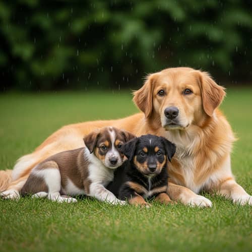 Adorable Puppies Nursing from Caring Mother Dog in Rain